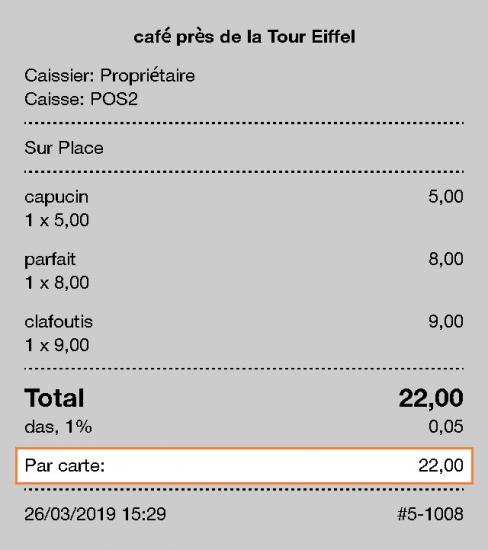 L'information à propos du paiement et du type de carte seront affichés sur le reçu.