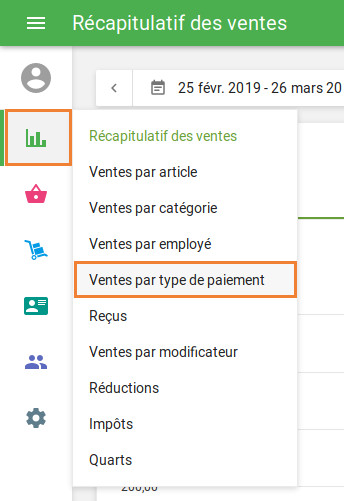  le menu «Ventes par type de paiement»