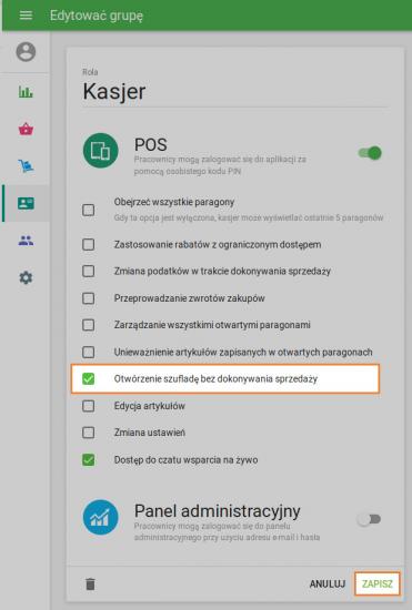 prawo do otwierania szuflady kasowej bez dokonywania sprzedaży