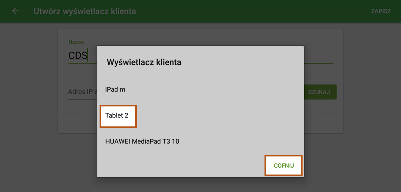 Wybierz odpowiedni wyświetlacz klienta z listy znalezionych urządzeń i kliknij OK