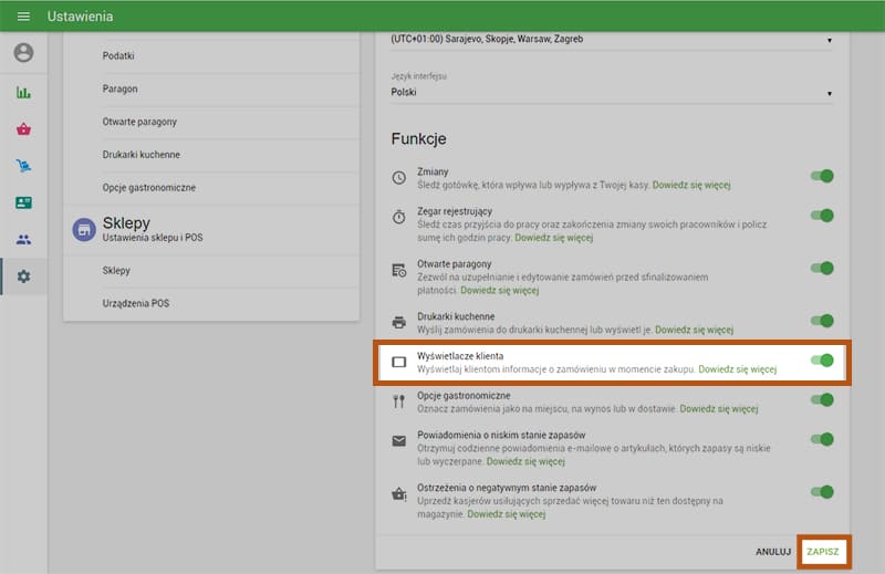 suwak „Użyj wyświetlacze klienta”