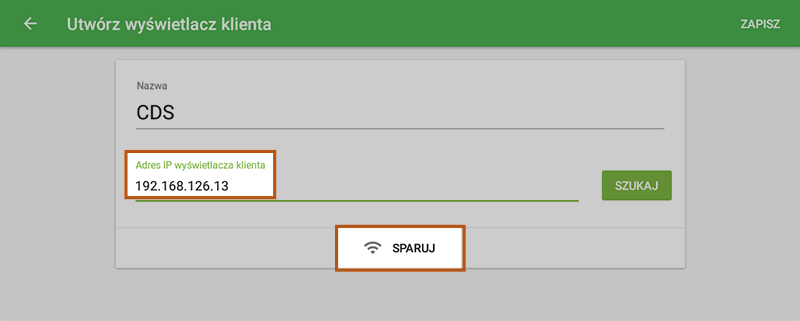wprowadzić adres IP urządzenia z wyświetlaczem klienta