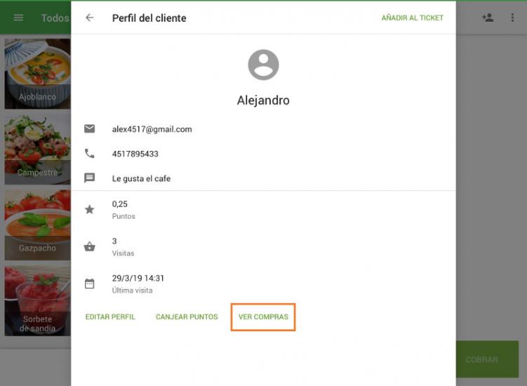 el botón "Ver compras" en la página de perfil del cliente