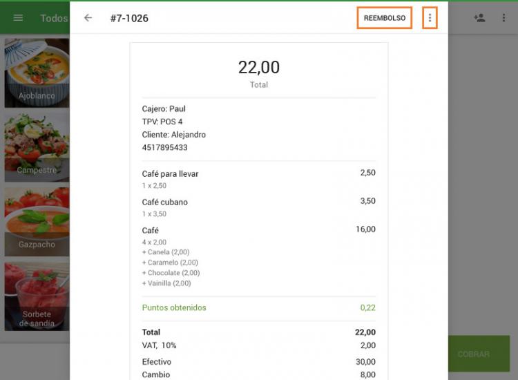 Si abre uno de los recibos podrá realizar un reembolso, enviar el recibo por email o reimprimir un recibo 