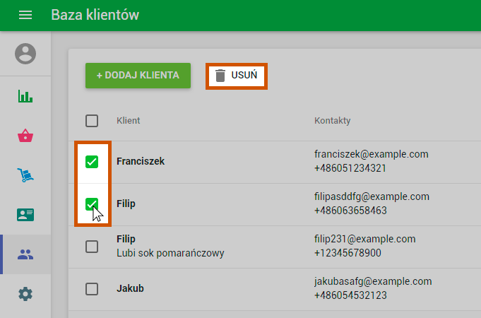 Wybierz klientów, których chcesz usunąć z listy klientów, i kliknij przycisk „Usuń”. 