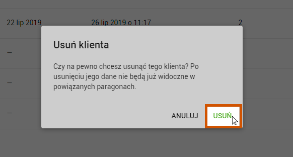 Potwierdź usunięcie w otwartym oknie