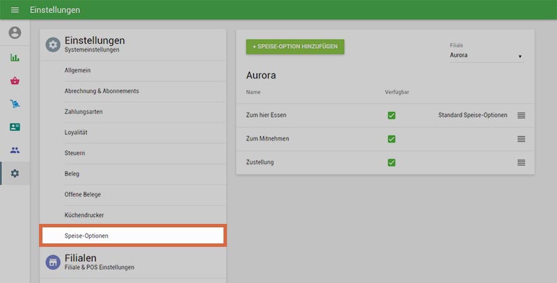 Abschnitt 'Speise-Optionen'