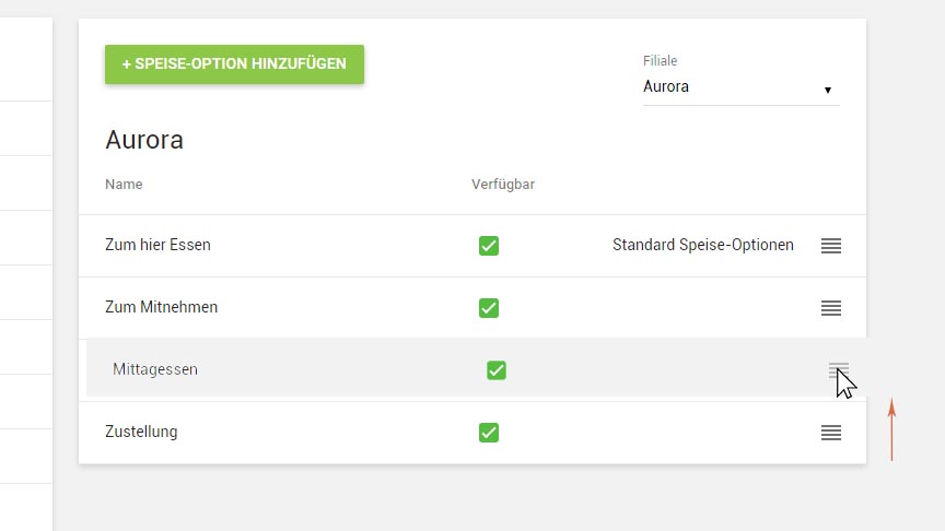 Klicken und ziehen Sie das vierzeilige Piktogramm, um die Reihenfolge der Optionen zu ändern. Die erste Option wird standardmäßig verwendet.