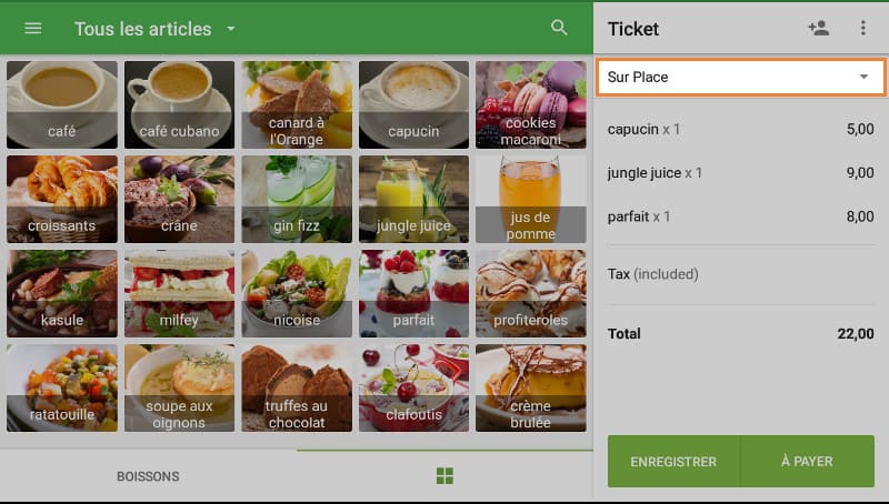 Au cours de la vente sur le ticket, vous pouvez le voir le mode choisie par défaut.