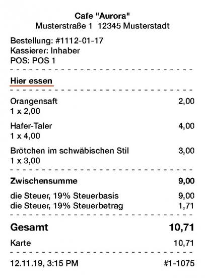 Die Speise-Optionen werden auf dem ausgedruckten Beleg angezeigt.