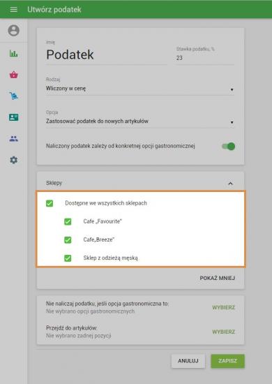 Jeśli masz kilka sklepów, możesz wybrać dostępność podatku dla każdego z nich.