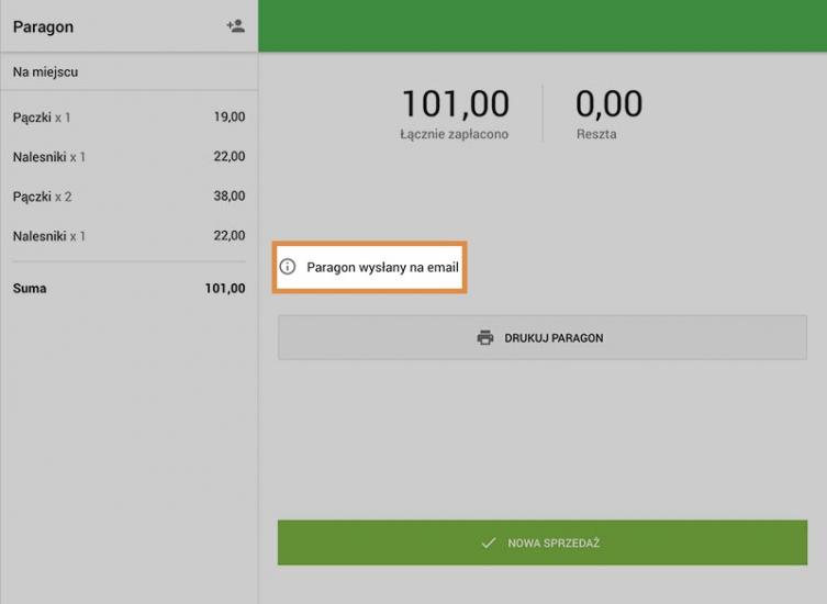 komunikat „Paragon wysłany na adres e-email”