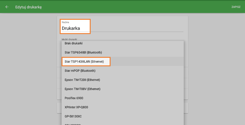 Wpisz tytuł drukarki w polu "Nazwa" i wybierz model drukarki z listy rozwijanej.