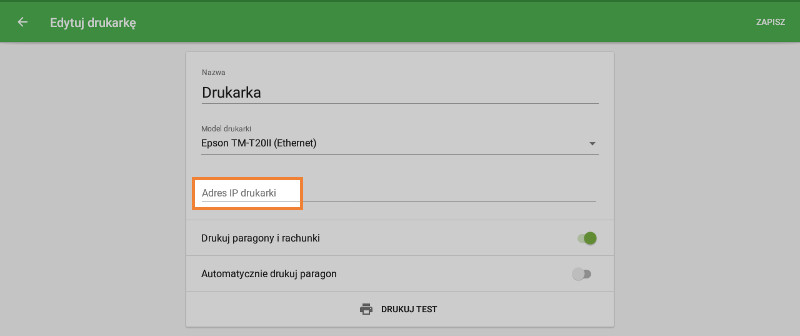 pole „Adres IP drukarki”