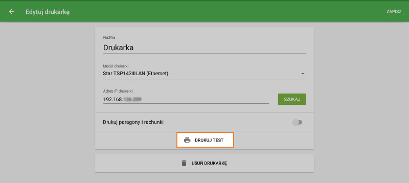 przycisk "Drukuj test"