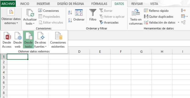  “Datos” - “Obtener datos externos” - “Desde texto”