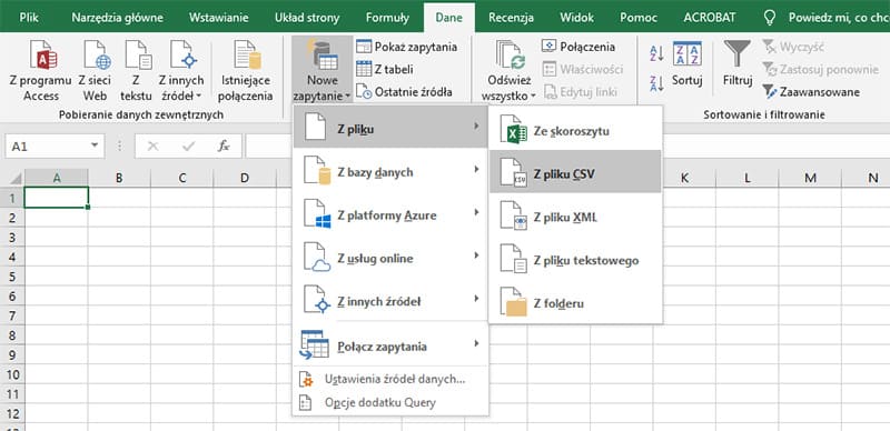 W Microsoft Exel wybierz „Dane - Nowa kwerenda… - Z CSV”.