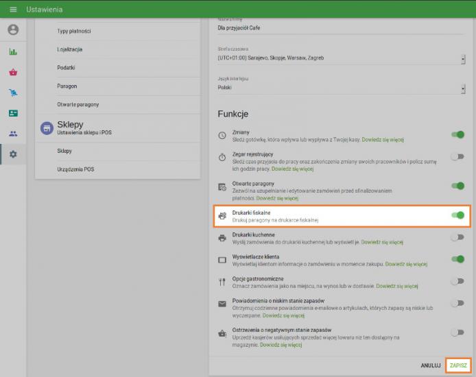 opcja „Drukarki fiskalne”