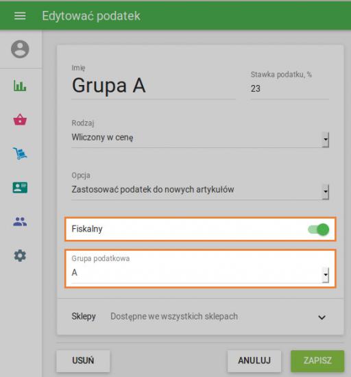 Podczas tworzenia podatków, włącz opcję „Fiskalny” i wybierz „Grupę podatkową”. fiskalna