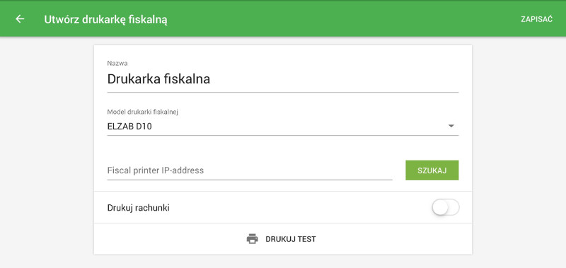 Wpisz nazwę drukarki fiskalnej w pole "Nazwa", wybierz model z listy rozwijanej i naciśnij przycisk "Szukaj"