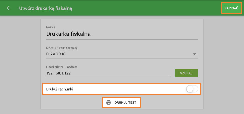 opcia "Drukuj rachunki" i przycisk "Drukuj test"