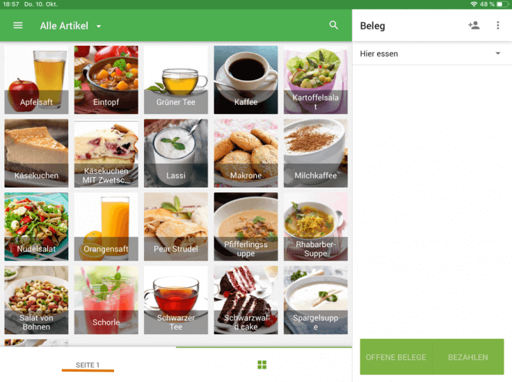 Öffnen Sie den Verkaufsbildschirm an Ihrem POS. Gehen Sie zur benutzerdefinierten Seite 'Seite 1'.