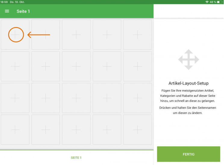 Der Bildschirm wechselt in den Modus "Artikel-Layout-Setup". Tippen Sie auf ein beliebiges Feld, ein das Pluszeichen enthält.