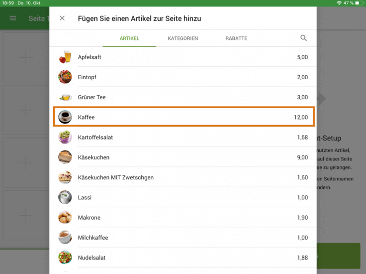 Die Artikelliste wird in einem neuen Fenster geöffnet. 