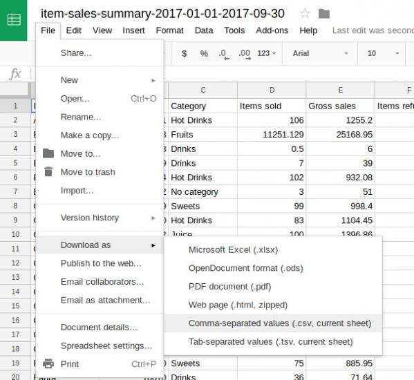 saving the spreadsheet in the CSV format