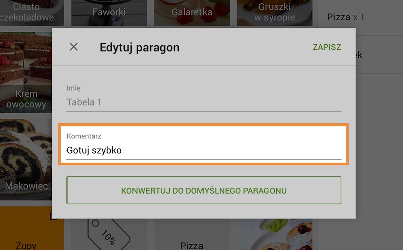 Wpisz komentarz do wyskakującego okna i naciśnij 'Zapisz'.