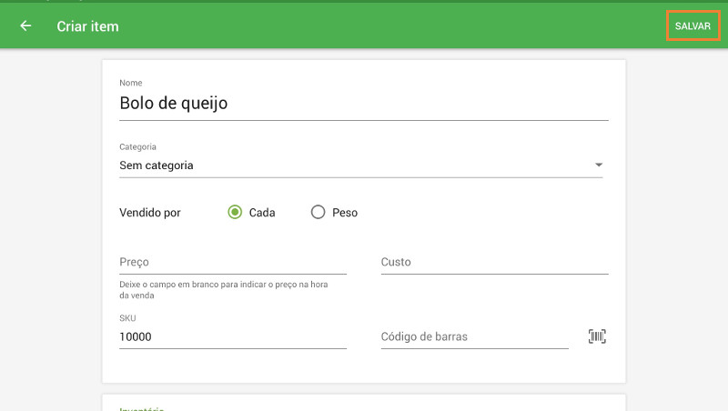 Na página 'Criar item'