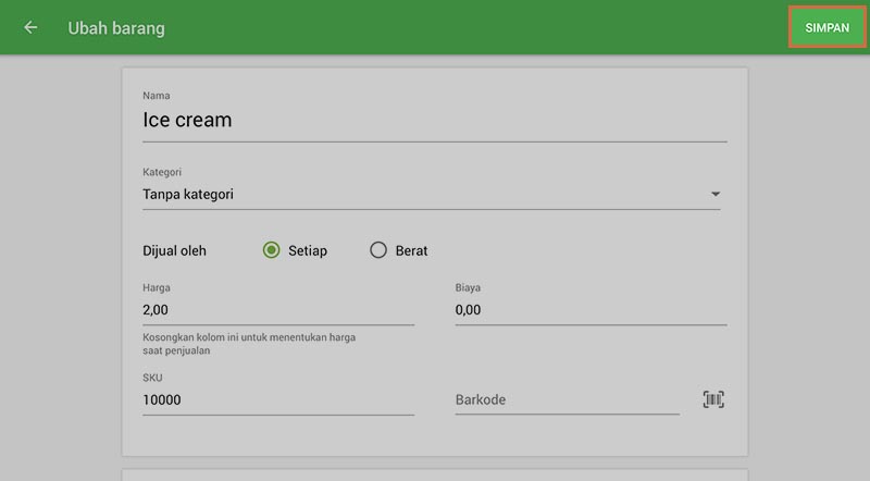 Pada halaman 'Buat barang', Anda dapat menambahkan rincian seperti 'nama Barang', 'Harga', 'Kategori' dan rincian lainnya, seperti SKU dan Barcode, jika diperlukan.