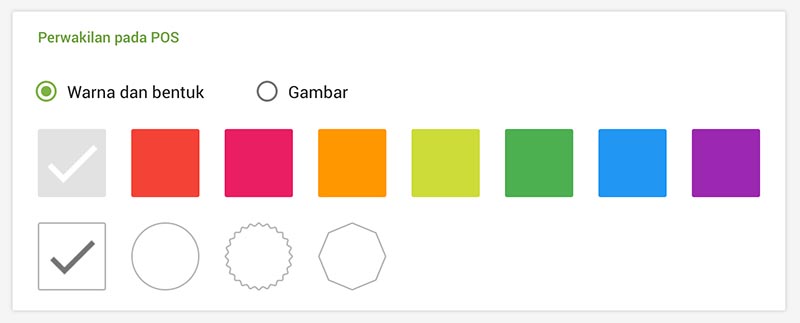 Anda dapat memilih warna dan bentuk untuk ikon item atau mengambil/upload gambar untuk menampilkannya di layar penjualan.