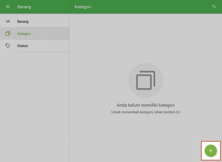 Dalam menu 'Barang', tekan tombol 'Kategori'. Tekan tombol ⊕ (Tambahkan) di sudut kanan bawah.