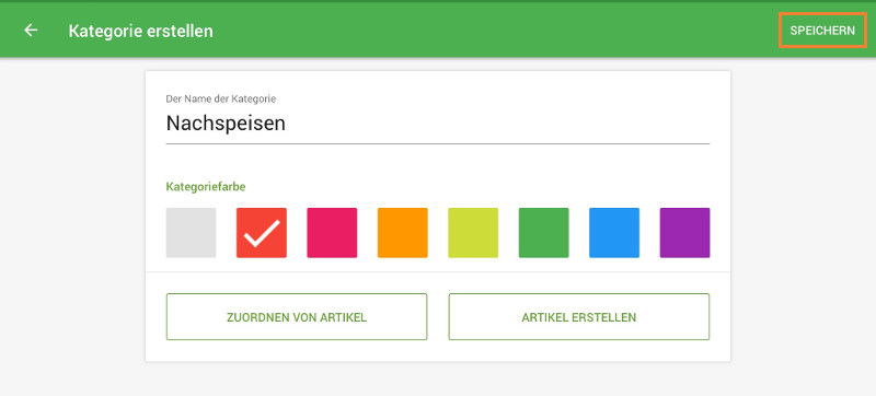 Geben Sie den Kategorienamen an, wählen Sie eine Kategoriefarbe und drücken Sie die Speichertaste.