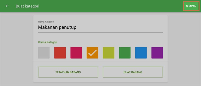 Tentukan nama kategori, pilih warna kategori, dan tekan tombol simpan.