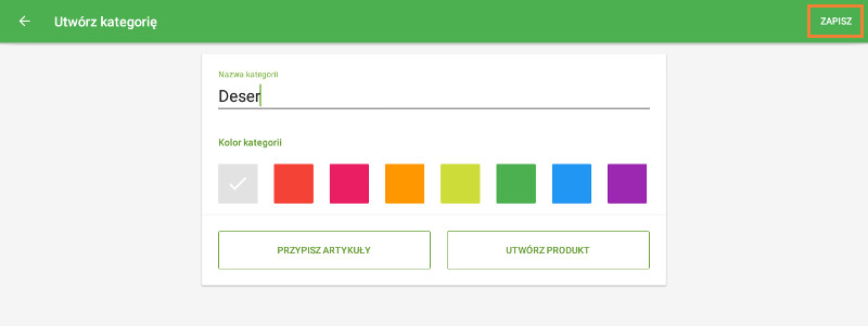 Wpisz nazwę kategorii, wybierz kolor kategorii i naciśnij przycisk Zapisz.