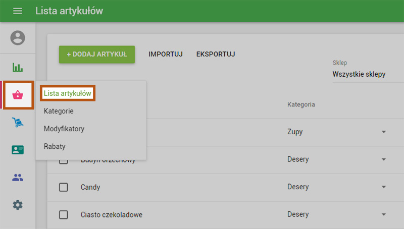 menu „Lista artykułów”