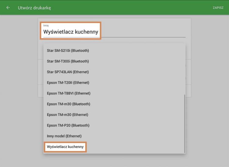 opcia Wyświetlacz kuchenny z rozwijanego menu