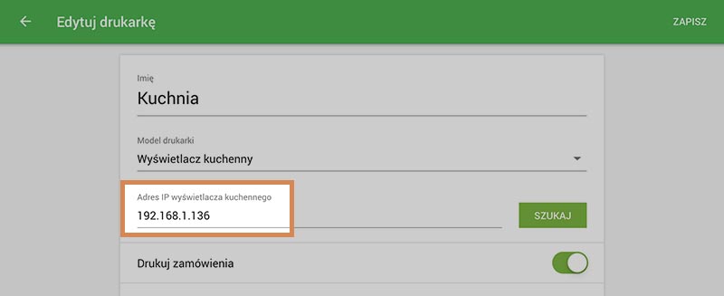 adres IP urządzenia z wyświetlaczem kuchennym