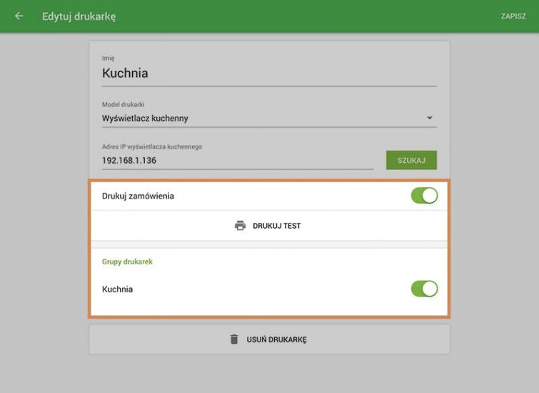 przycisk "Drukuj test