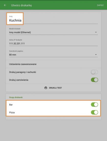 W aplikacji Loyverse POS przypisz każdą drukarkę do obu grup drukarek.
