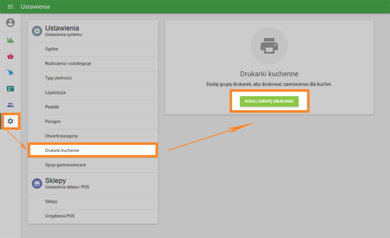Kliknij menu Drukarki kuchenne i utwórz grupę drukarek.