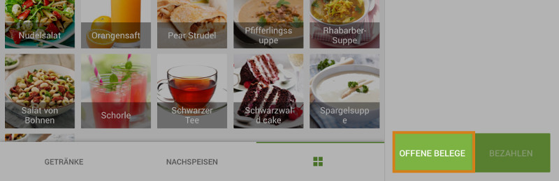 Öffnen die Liste der Offenen Belege: Klicken Sie im Verkaufsbildschirm auf "Offene Belege".