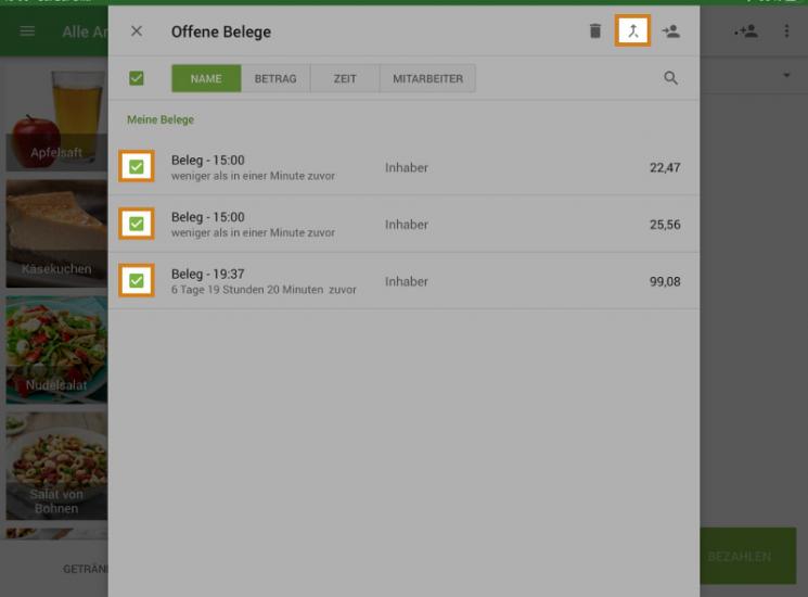 Markieren Sie das Kontrollkästchen der Belege, die Sie zusammenführen möchten, und wählen Sie oben rechts in der oberen Ecke "Zusammenführen".