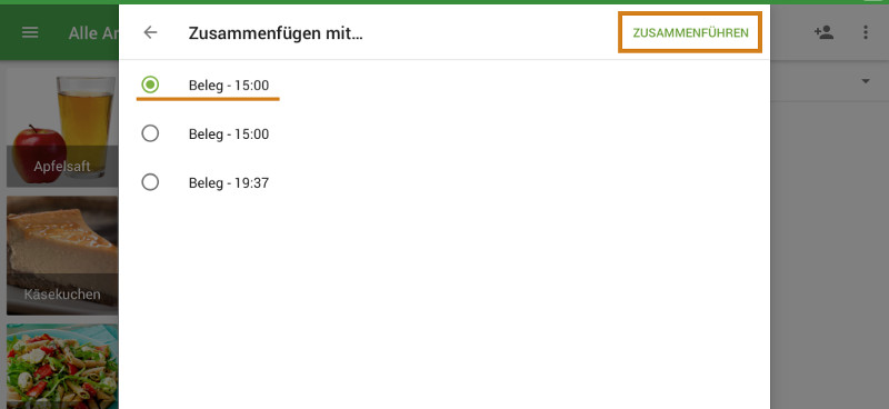 Wählen Sie einen Namen für den zusammengeführten Beleg und tippen Sie zum Speichern auf "Zusammenführen".