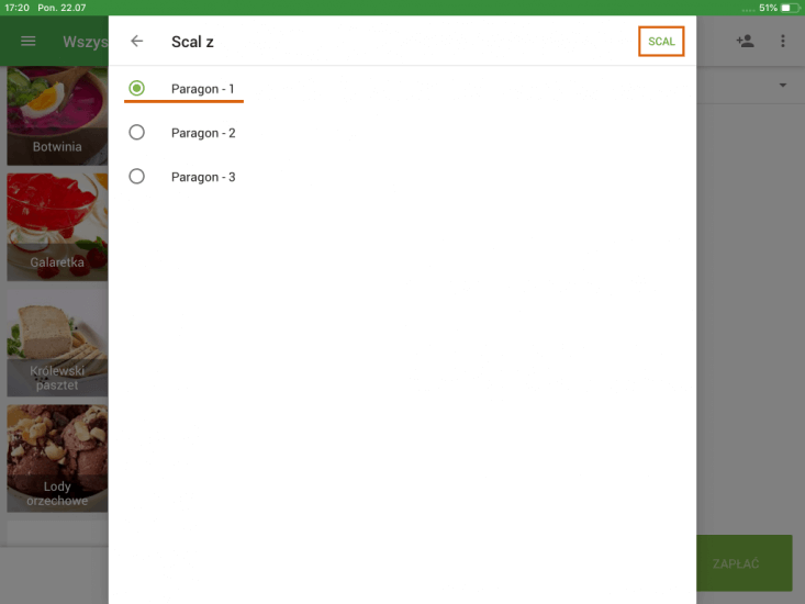 Wybierz nazwę dla scalonego paragonu i kliknij „Scal”, aby zapisać.