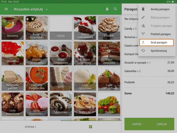 przycisk „Scal paragon” obok trzech kropek.