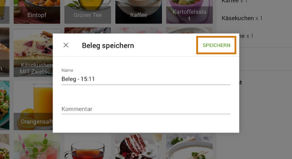 Im geöffneten Fenster können Sie den Namen und den Kommentar des Belegs bearbeiten. Klicken Sie auf "Speichern", um zum nächsten Schritt zu gelangen.