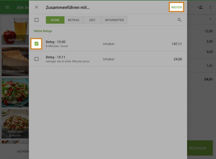 Wählen Sie den Beleg aus, mit dem Sie Ihr Beleg zusammenführen möchten, und klicken Sie oben rechts auf "Weiter".